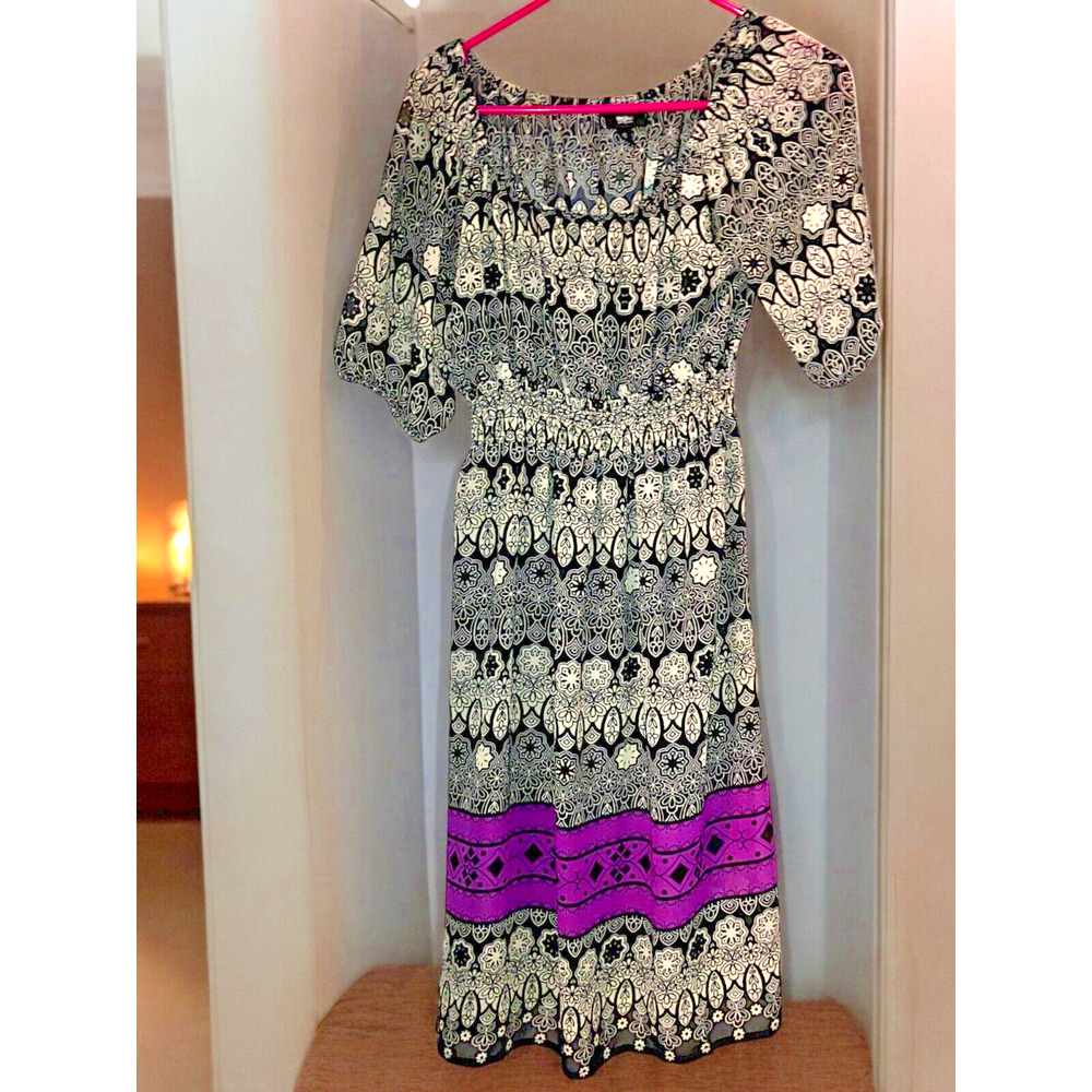 Mossimo Black, White & Purple Prairie Peasant Bell Sleeve Lined Dress Small!